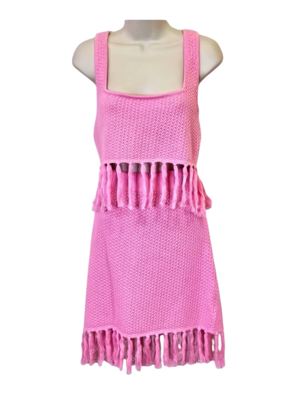 Le Lis Pink Crochet Fringe Mini Dress